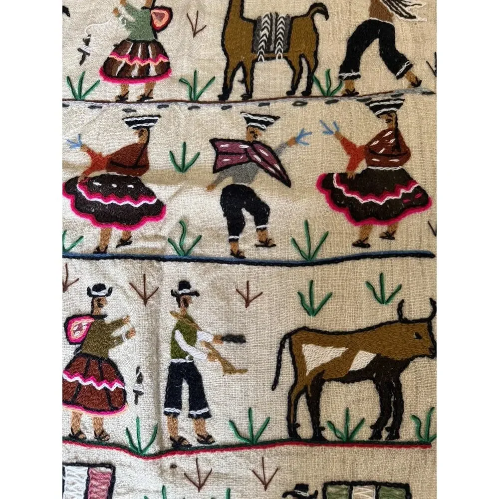 Vintage Peruvian Embroidered Wool Tapestry Wedding Celebration 39x24”